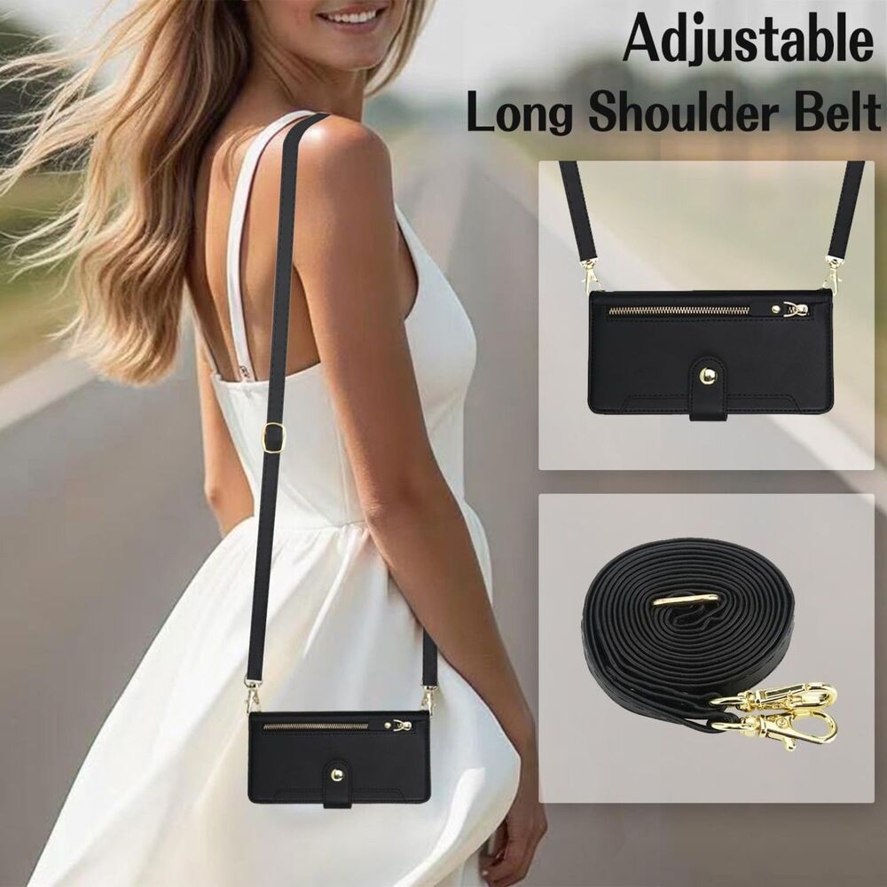 iPhone 17E Crossbody Case Black Wallet Zipper Card Holder Wrist Strap Kickstand - Picture 4 of 7